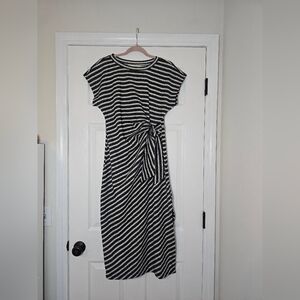 LOFT Black White Striped Tie Waist Midi Dress Short Sleeve Work Casual Women’s S